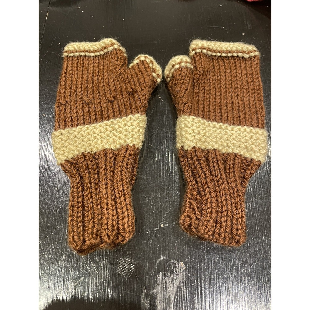 Ladies Hand Knitted Fingerless Gloves Brown And Beige